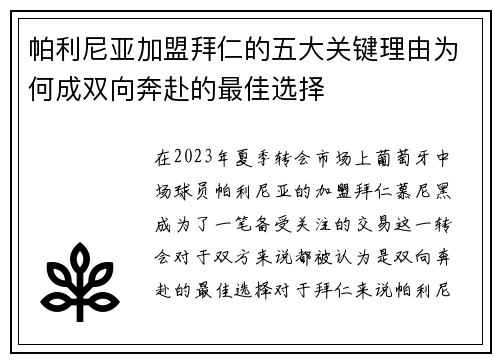帕利尼亚加盟拜仁的五大关键理由为何成双向奔赴的最佳选择